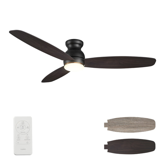 CARRO USA Trendsetter 60-in Black with Wooden/Walnut Blades Indoor/Outdoor Flush Mount Smart Ceiling Fan with Light and Remote (3-Blade) LS603Q-L12-BG-1