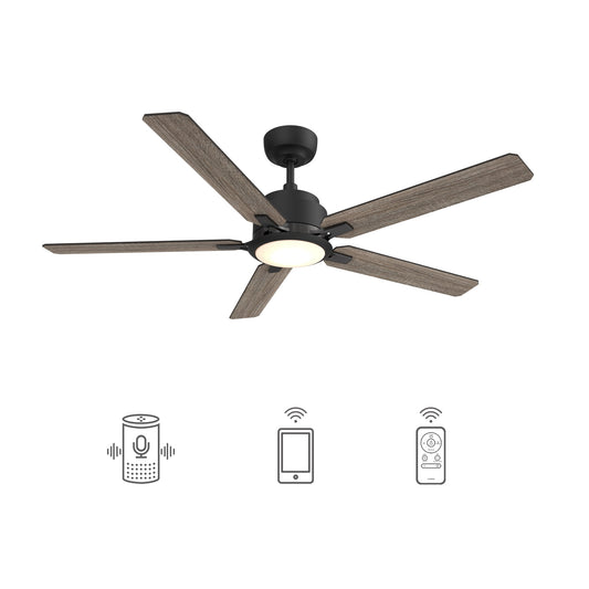 CARRO USA Essex 56-in Black with Gray Oak Blades Indoor/Outdoor Smart Ceiling Fan with Light and Remote (5-Blade) LS565J-L12-BO-1