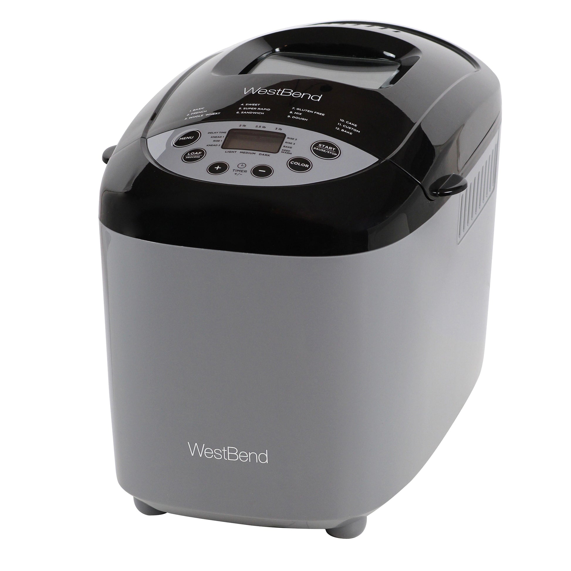 West Bend Gray Bread Maker with Gluten-Free Setting, 3 lb Capacity, Dual Knead Blades, 12 Digital Settings, Touchpad Controls 47413