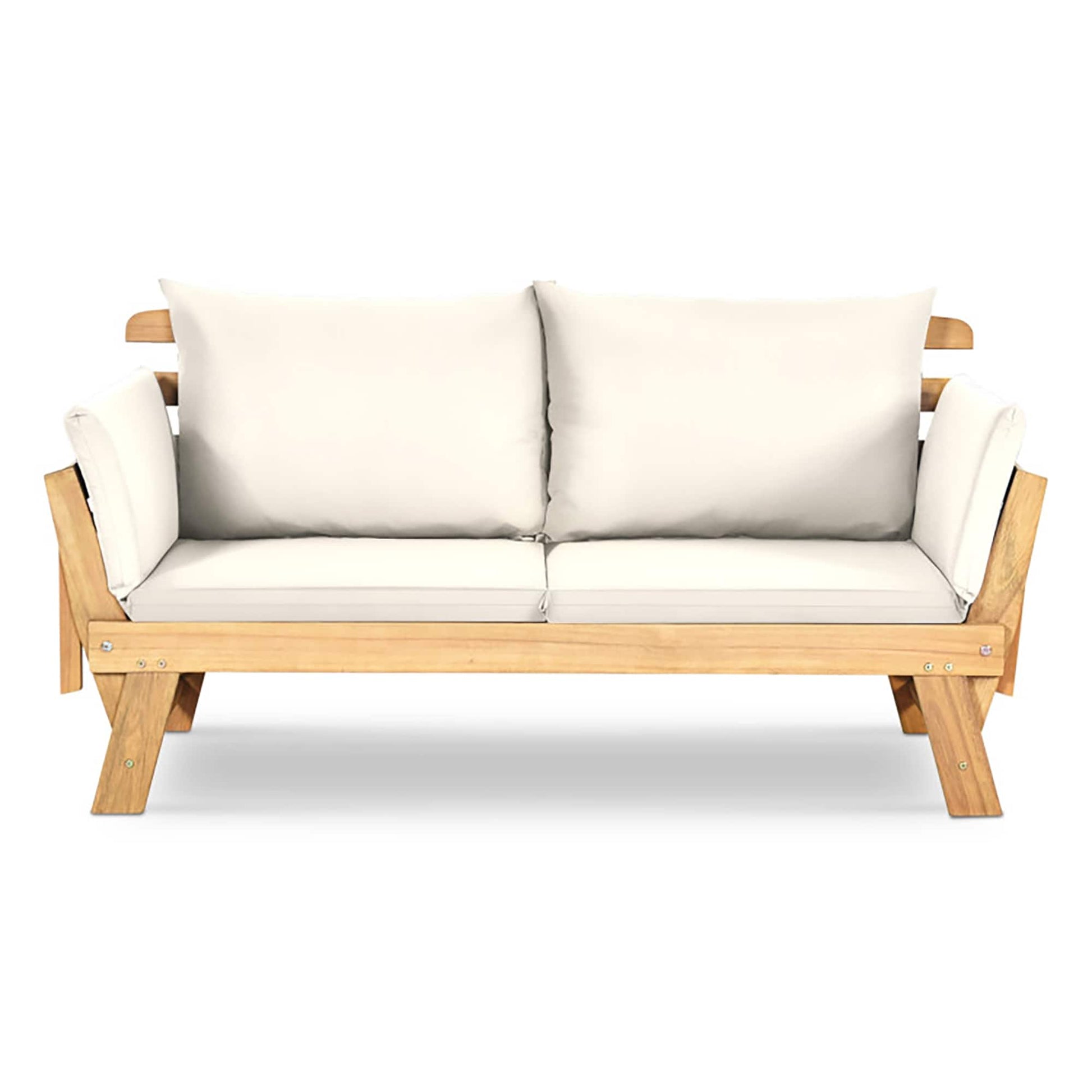 Forclover Adjustable Patio Convertible Sofa with Thick Cushion Outdoor Loveseat with Beige Cushions and Wood Frame