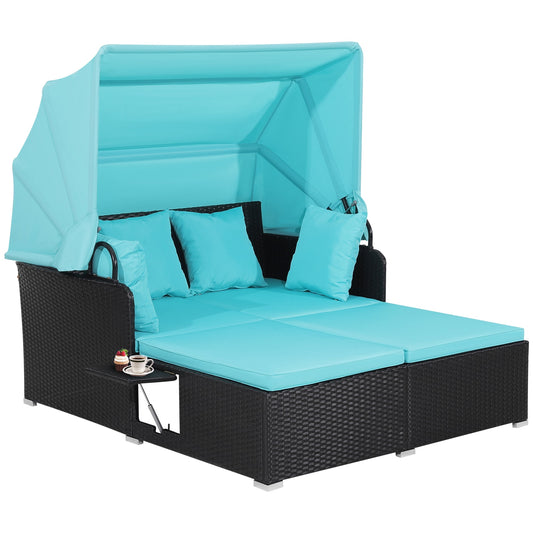 WELLFOR Rattan Outdoor Daybed with Blue Cushions and Rattan Frame