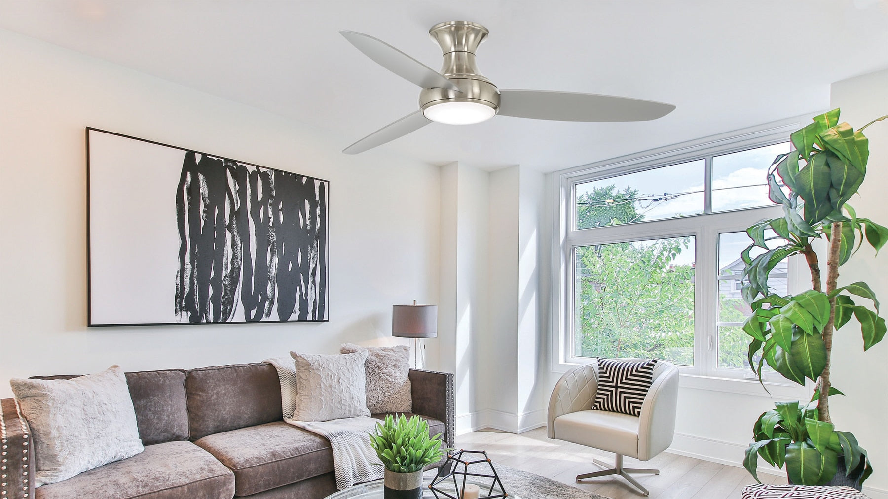 Minka Aire Concept III 54-in Brushed Nickel Wet LED Indoor/Outdoor Flush Mount Smart Ceiling Fan with Light and Remote (3-Blade) F467L-BNW