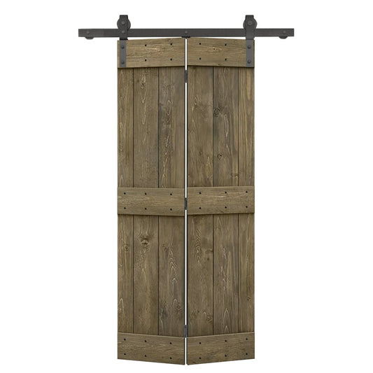 CALHOME 34-in x 84-in Aged Barrel Mid-Bar Pine Wood Solid core Single bifold Barn Door (Hardware Included)