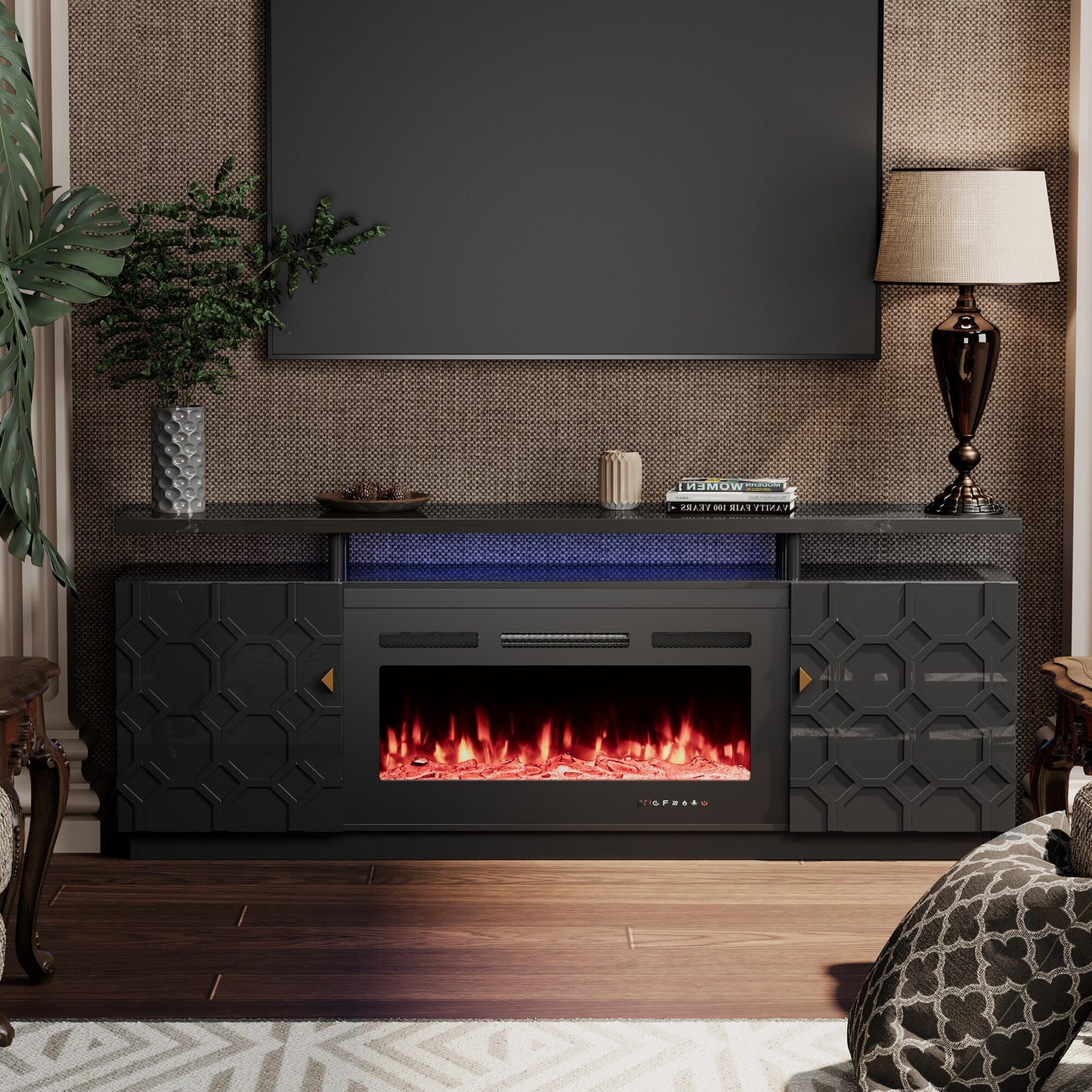 Clihome 70.08-in W Black TV Stand with Fan-forced Electric Fireplace WMTVS021-RSW-RFP36