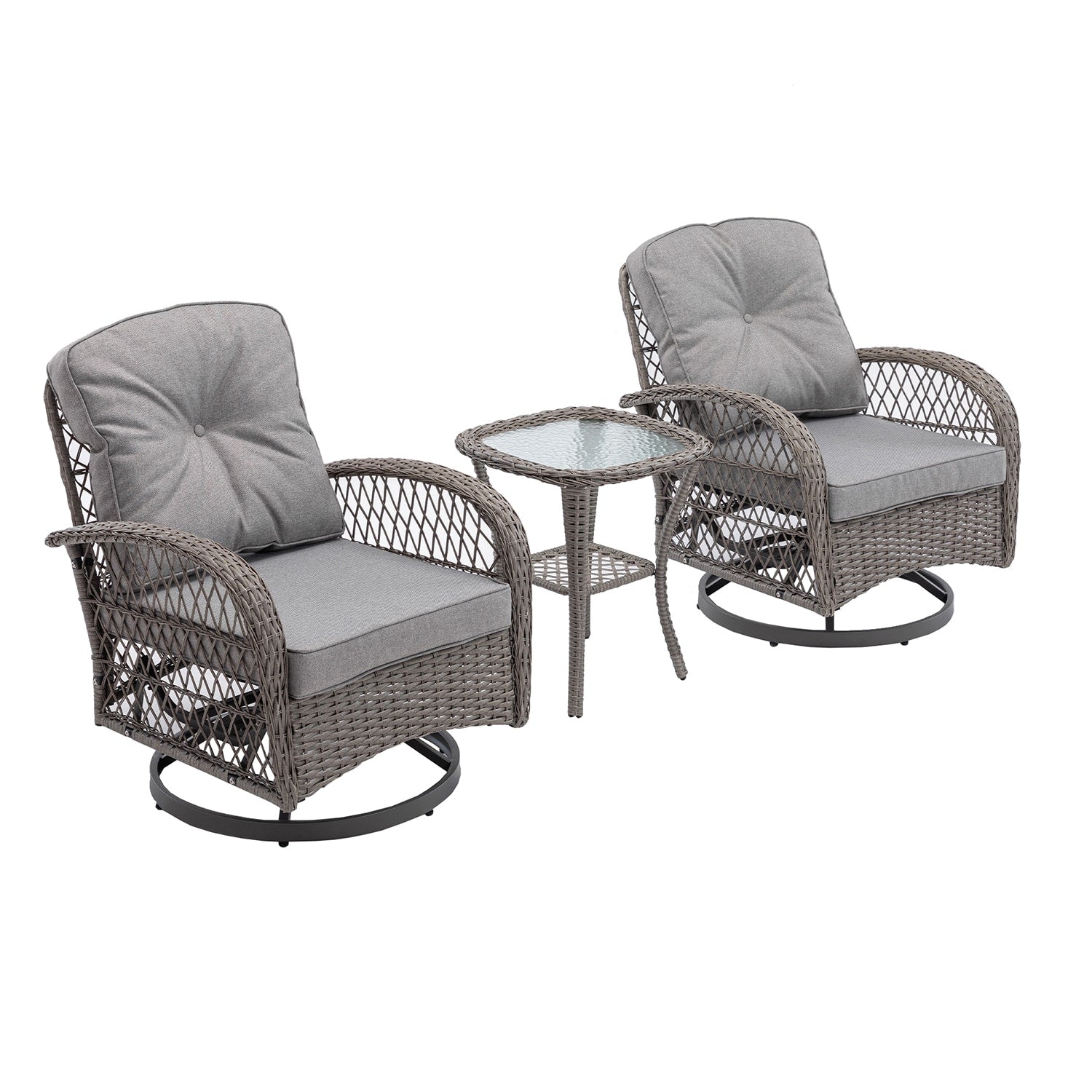 SINOFURN Set of 2 Wicker Gray Rattan Frame Swivel Conversation Chair with Gray Cushioned Seat