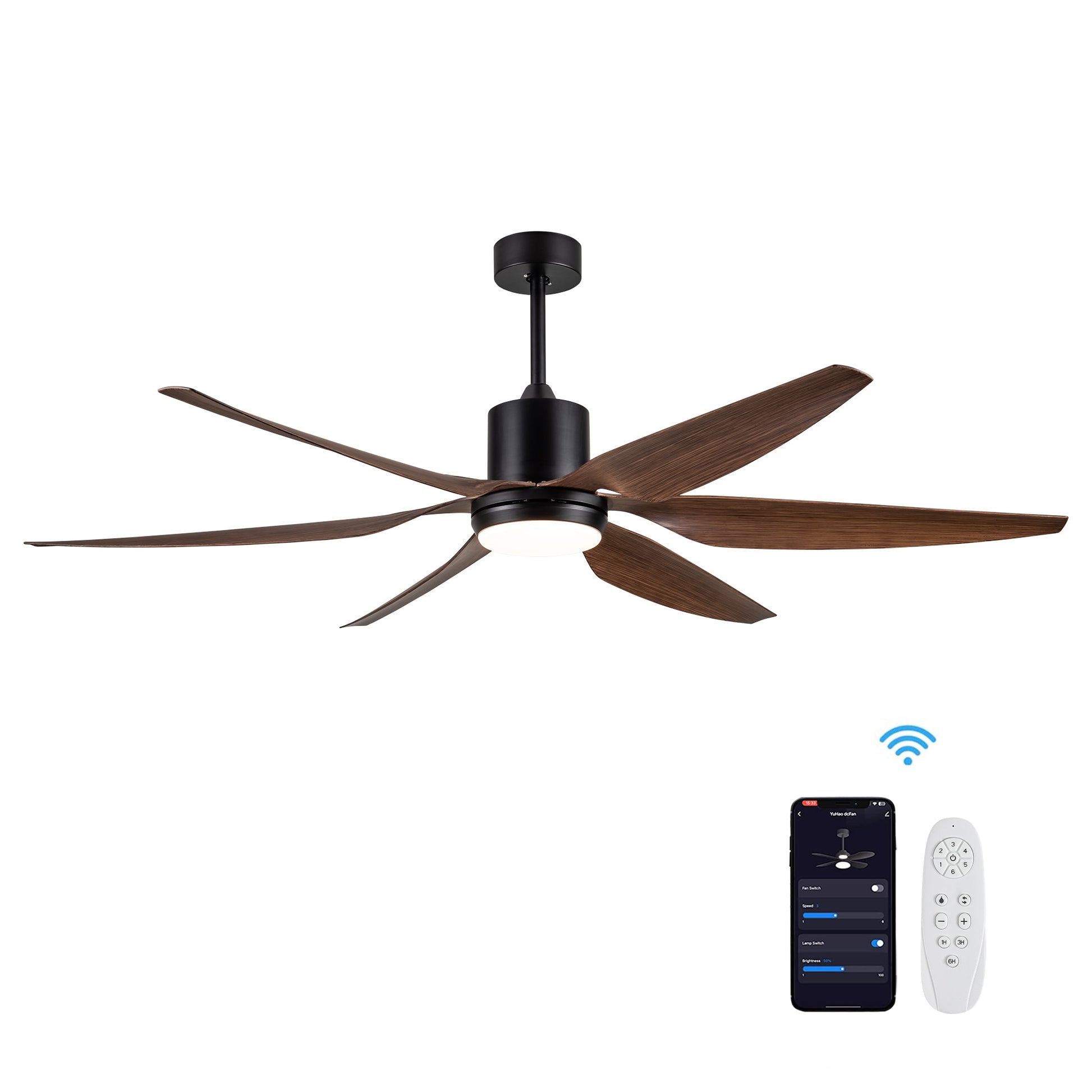 YUHAO Homely 66-in Black with Distressed Blades Color-changing Integrated LED Indoor/Outdoor Smart Ceiling Fan with Light and Remote (6-Blade) LSDC1061BK66