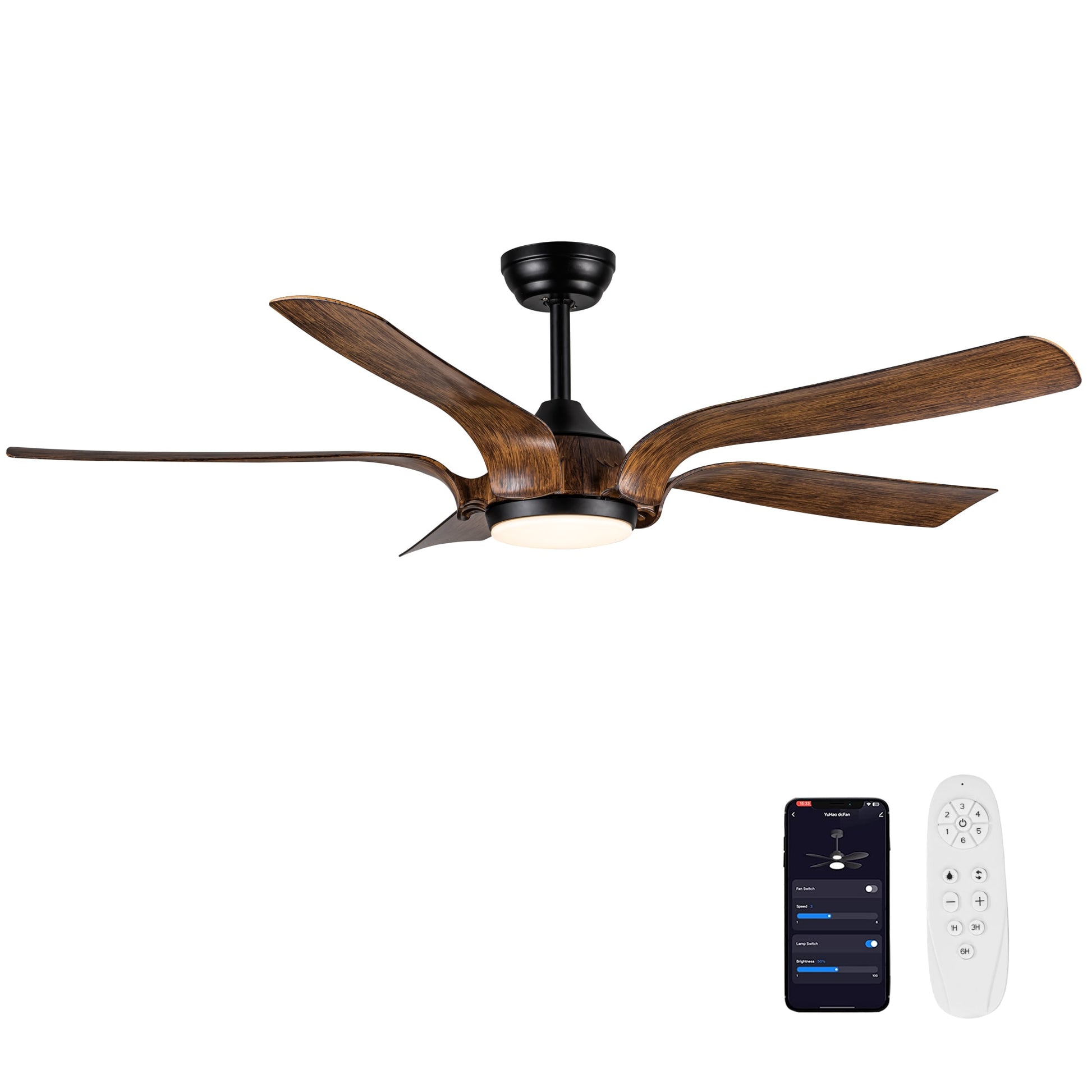 YUHAO Raleighe 56-in Black with Distressed Blades Color-changing Integrated LED Indoor/Outdoor Smart Ceiling Fan with Light and Remote (5-Blade) LSDC1124BK56