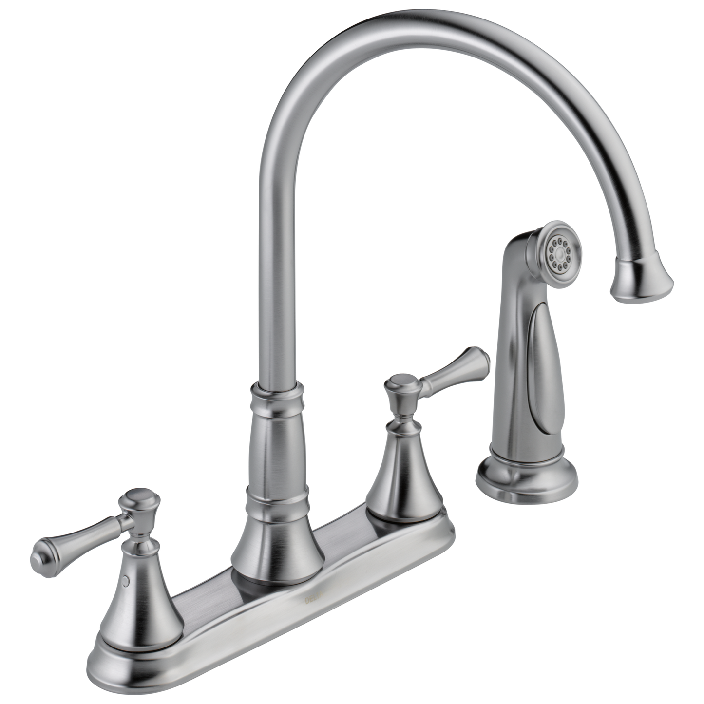 Delta Cassidy Arctic Stainless Double Handle Deck-mount Kitchen Faucet ( Deck Plate Included ) ( Side Sprayer Included )
