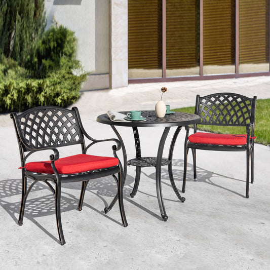 Nuu Garden 3 -Piece Black with gold Bistro Patio Dining Set Aluminum Round Table with 2 Red Cushions Stationary Chairs