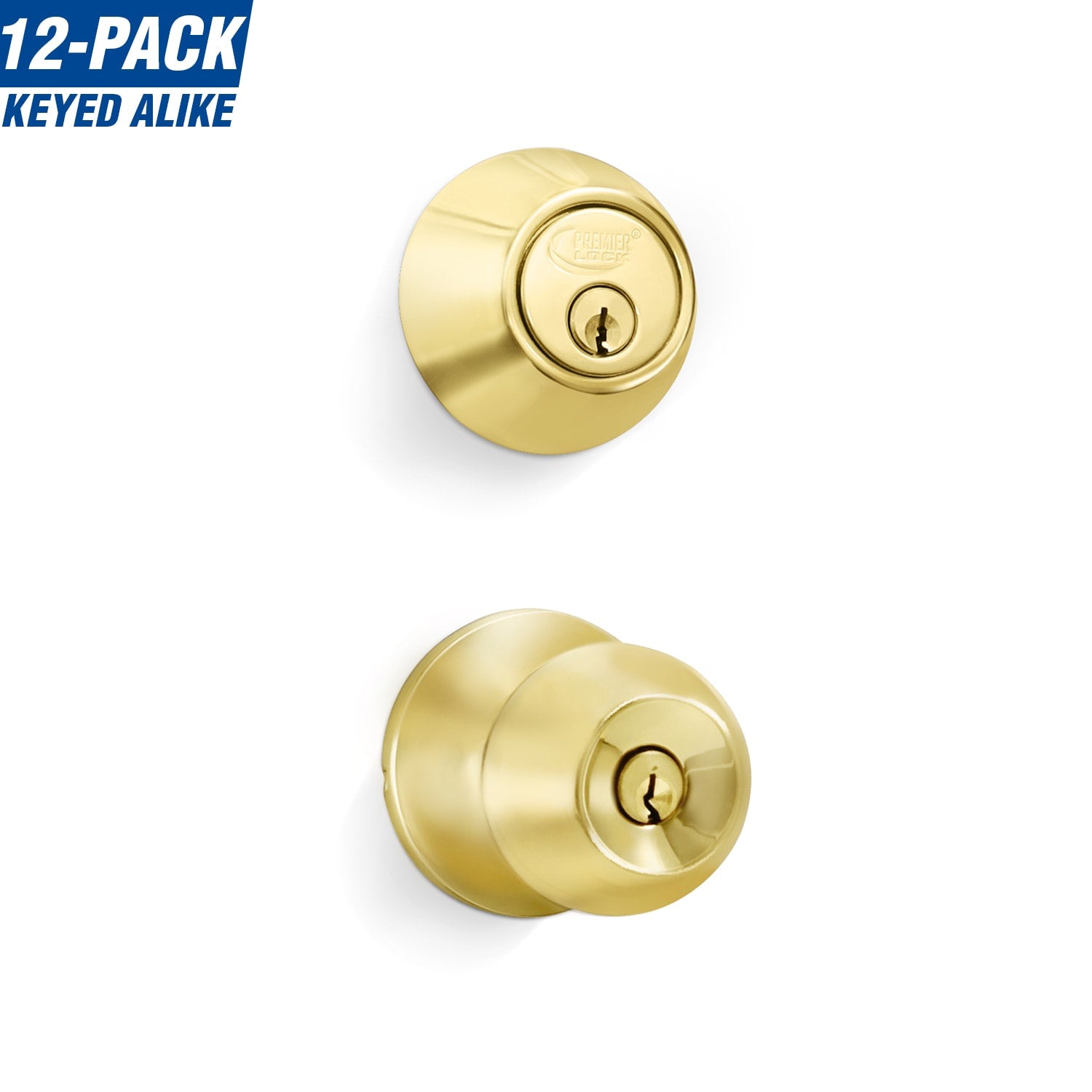 Premier Lock Keyed Alike Entry Door Brass Exterior Single-cylinder deadbolt Keyed Entry Door Knob Combo Pack (12-Pack) ED02-12