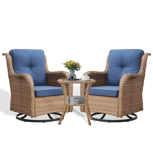 Rilyson Curved handrail Set of 2 Wicker Yellow Wicker Frame Swivel glider Conversation Chair with Blue Blue Cushioned Seat