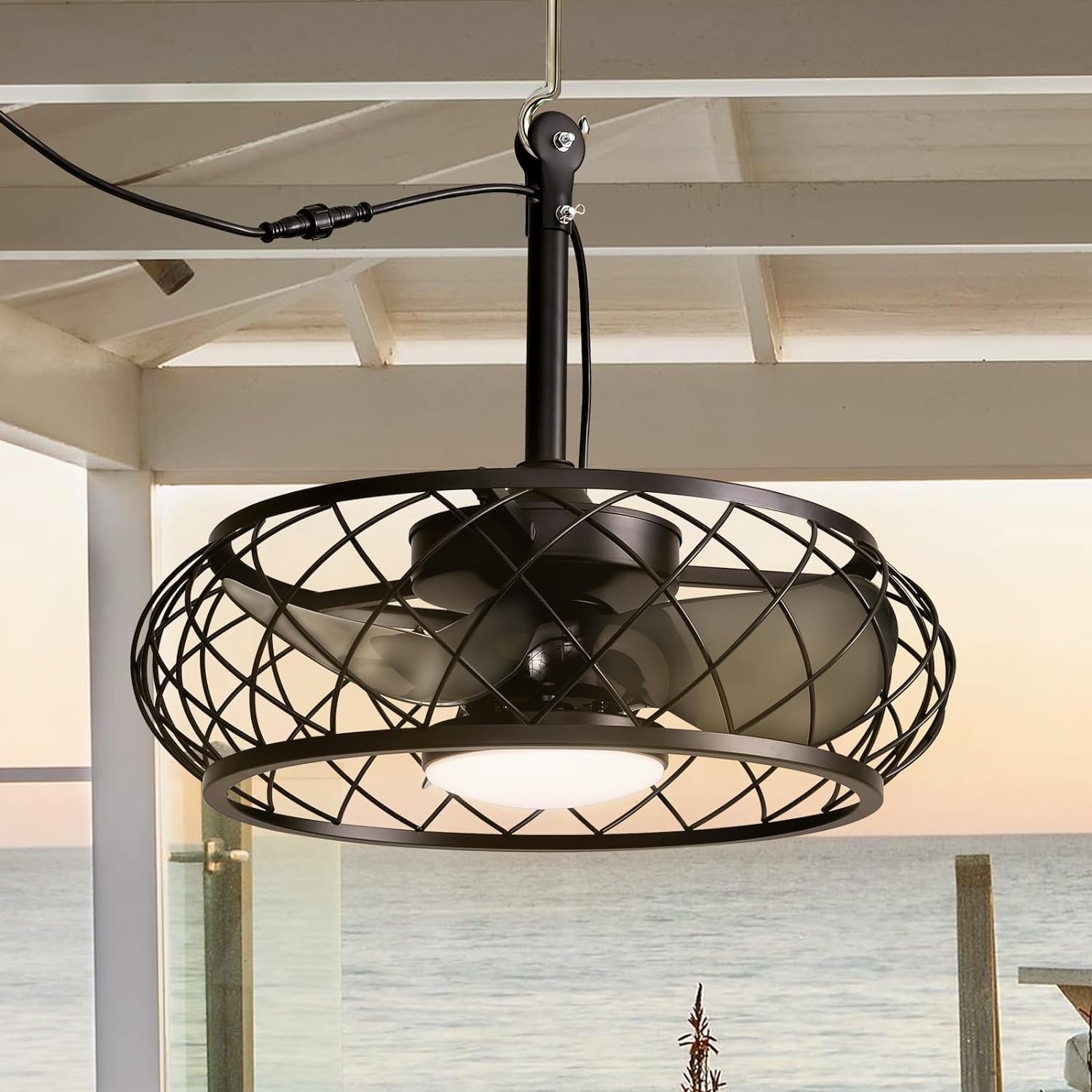 Antoine Modern Industrial Covered Outdoor 20-in Farmhouse Black Cage with Black Blades Color-changing Integrated LED Indoor/Outdoor Smart Fandelier Ceiling Fan with Light and Remote (3-Blade) DCLW039