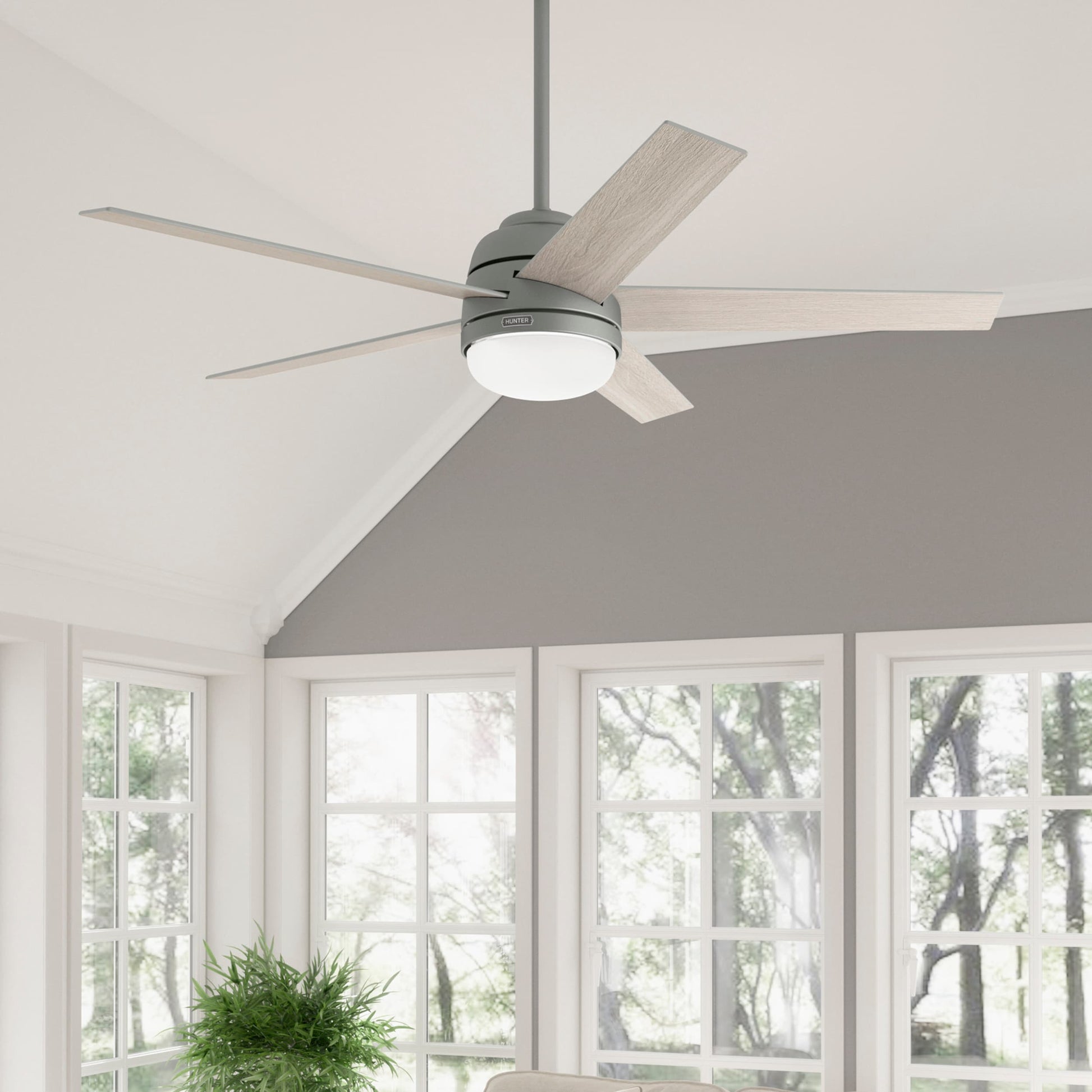 Hunter Coriolis SIMPLEconnect 60-in Matte Silver with Light Gray Oak Blades LED Indoor Smart Ceiling Fan with Light and Remote (5-Blade) 51480