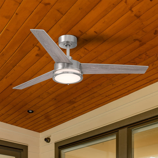 Designers Fountain Cassini 52-in Brushed Nickel with Silver Blades Color-changing Integrated LED Indoor/Outdoor Flush Mount Smart Ceiling Fan with Light and Remote (3-Blade) FS-CSN52RGB-BN