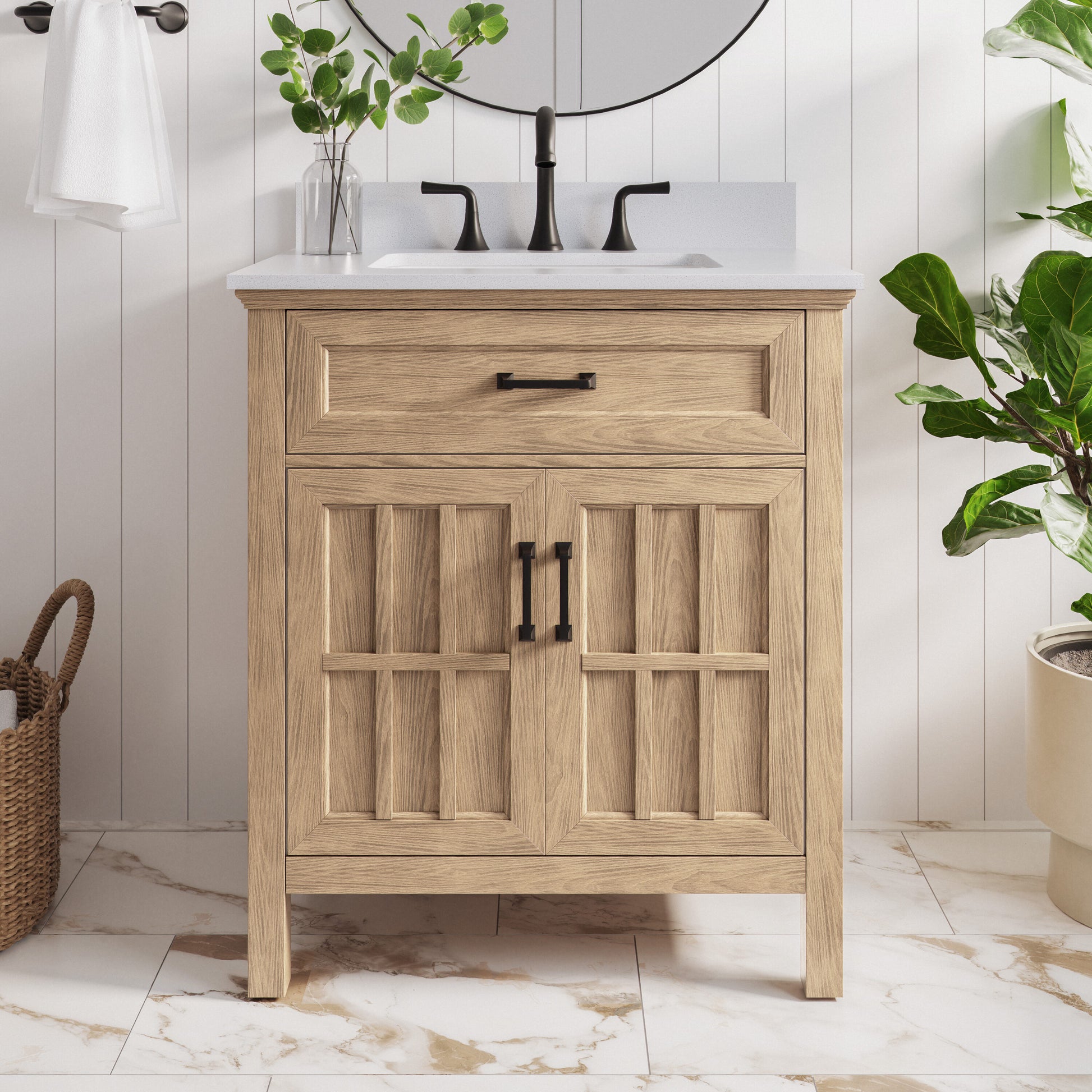 allen + roth Cantrell 30-in Clear Oak Undermount Single Sink Bathroom Vanity with White Engineered Stone Top