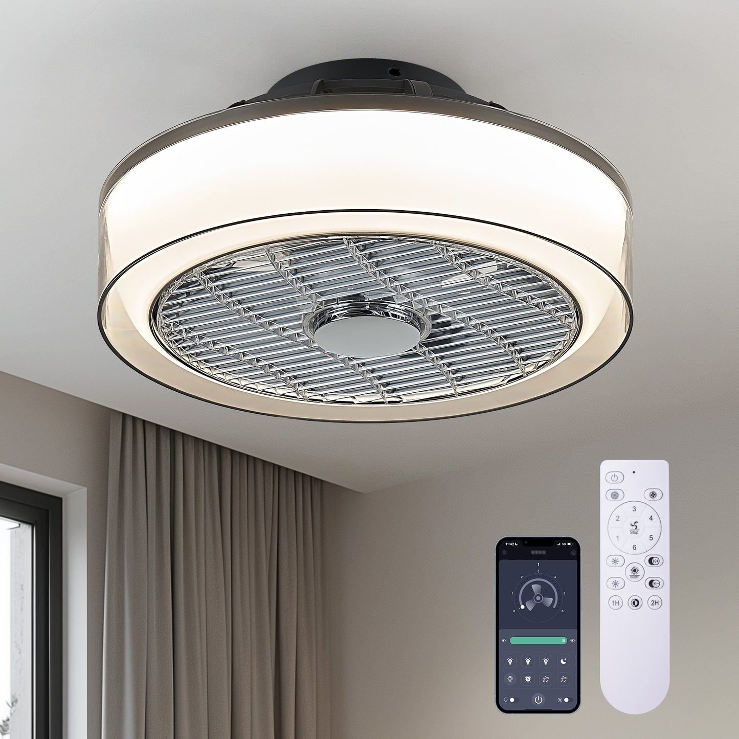 Antoine Low Profile Modern Caged Bedroom 16-in Farmhouse Bladeless Enclosed Smoky Gray with Abs Blades Color-changing Integrated LED Indoor Flush Mount Smart Ceiling Fan with Light and Remote (5-Blade) LSBD-53