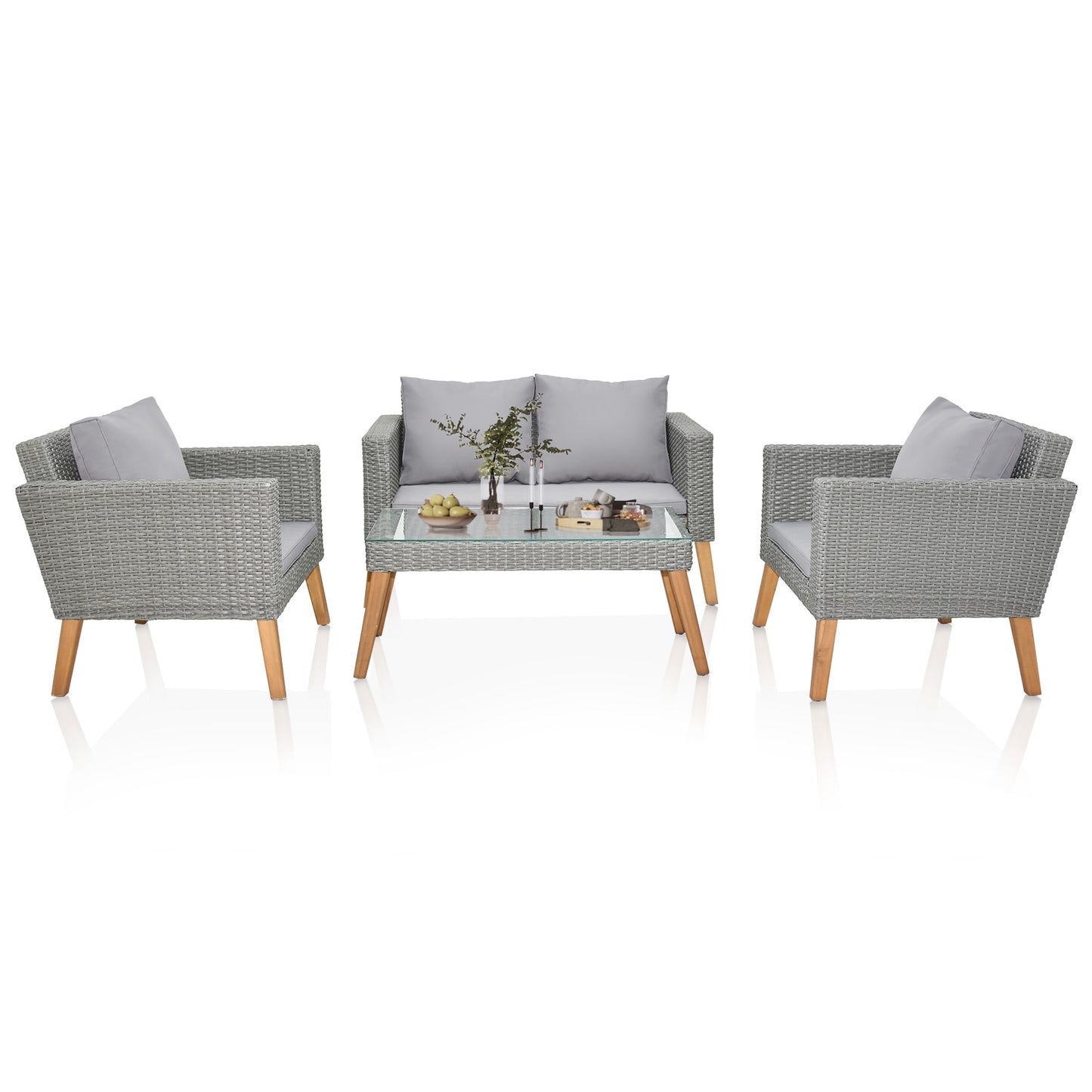 Winado 4 -Piece Wicker Patio Conversation Set with Gray Cushions