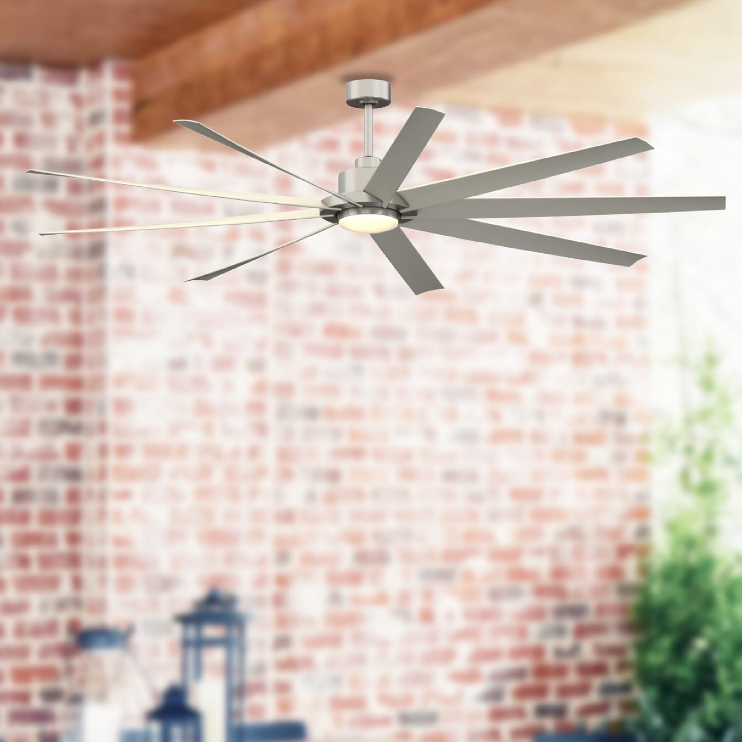 Fanimation Studio Collection EightyFour 84-in Color-Changing Integrated LED Outdoor Brushed Nickel with Brushed Nickel Blades Ceiling Fan With Light - Remote Included ( 9 -Blade ) 5127853