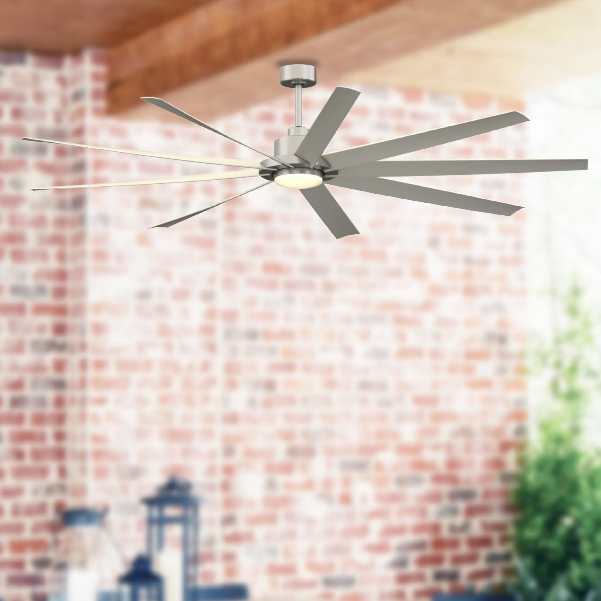 Fanimation Studio Collection EightyFour 84-in Color-Changing Integrated LED Outdoor Brushed Nickel with Brushed Nickel Blades Ceiling Fan With Light - Remote Included ( 9 -Blade ) 5127853
