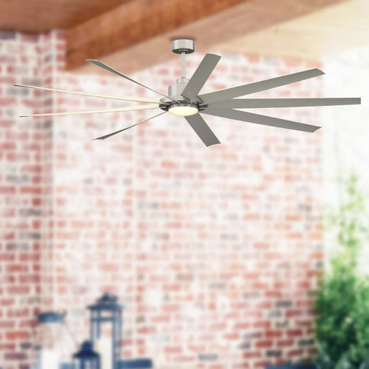 Fanimation Studio Collection EightyFour 84-in Color-Changing Integrated LED Outdoor Brushed Nickel with Brushed Nickel Blades Ceiling Fan With Light - Remote Included ( 9 -Blade ) 5127853