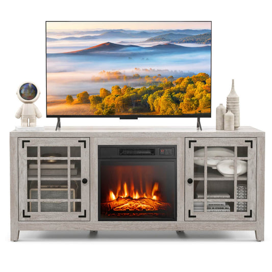 Clihome 58-in W Natural TV Stand with Fan-forced Flat wall Electric Fireplace with Remote Control Included