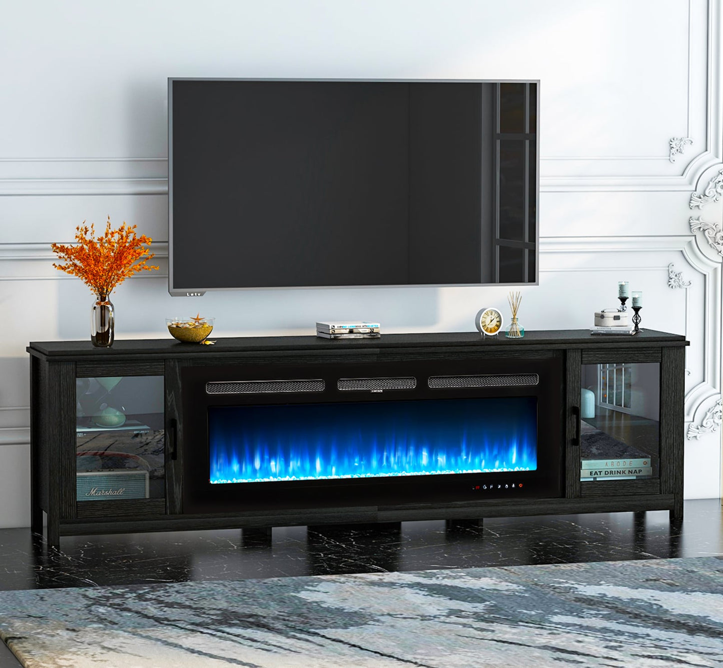 AOXUN 80.7-in W Black TV Stand with LED Electric Fireplace H21029+H20025