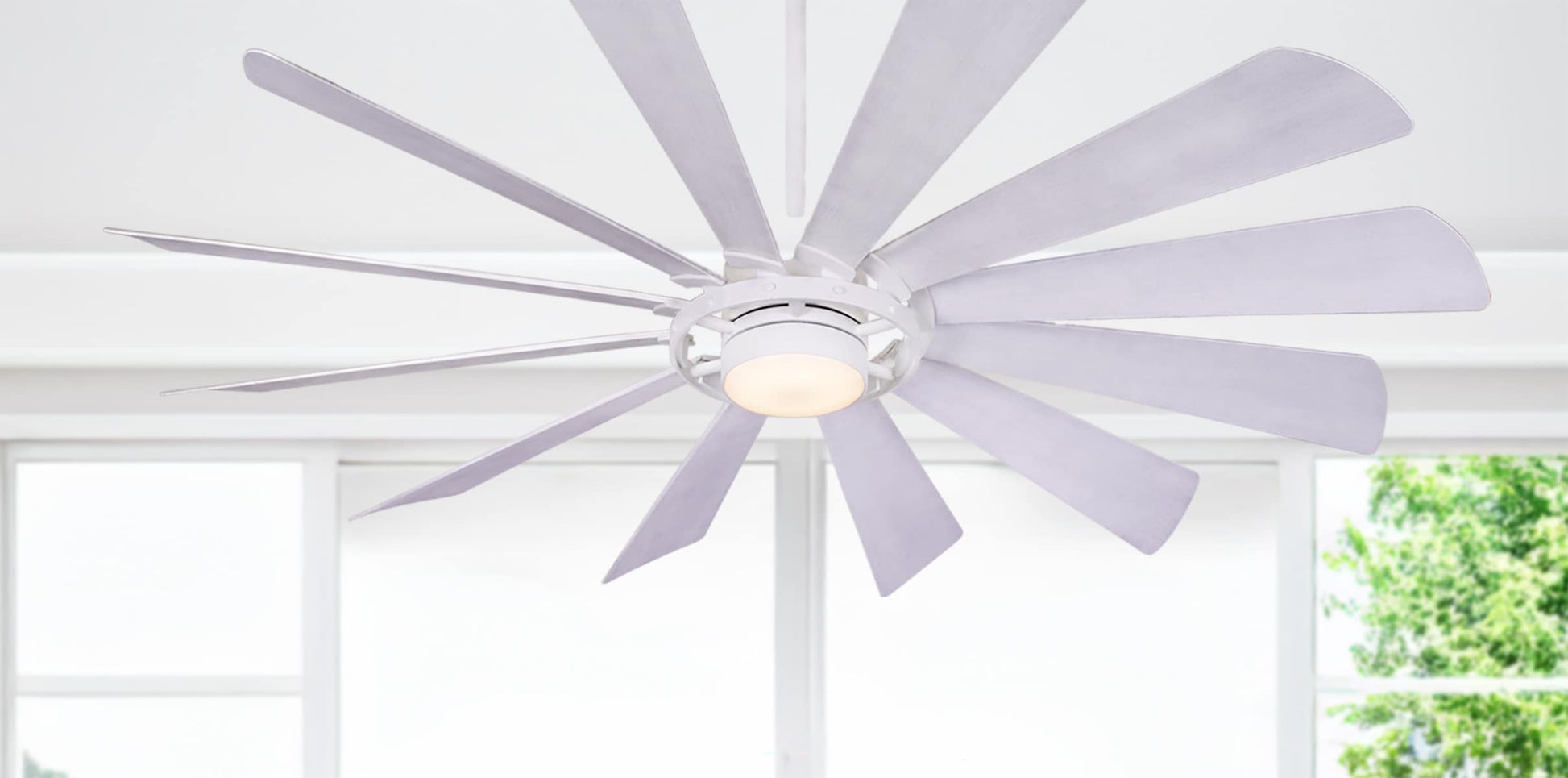 Minka Aire Windmolen 65-in Textured White with Bleached Ashwood Blades Integrated LED Indoor/Outdoor Smart Ceiling Fan with Light and Remote (12-Blade) F870L-TW