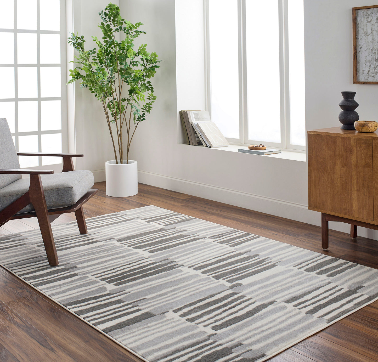 Livabliss Pisa 8 x 10 (ft) Flatweave Light Gray Rectangular Indoor Stripe Mid-Century Modern Pet Friendly Area rug