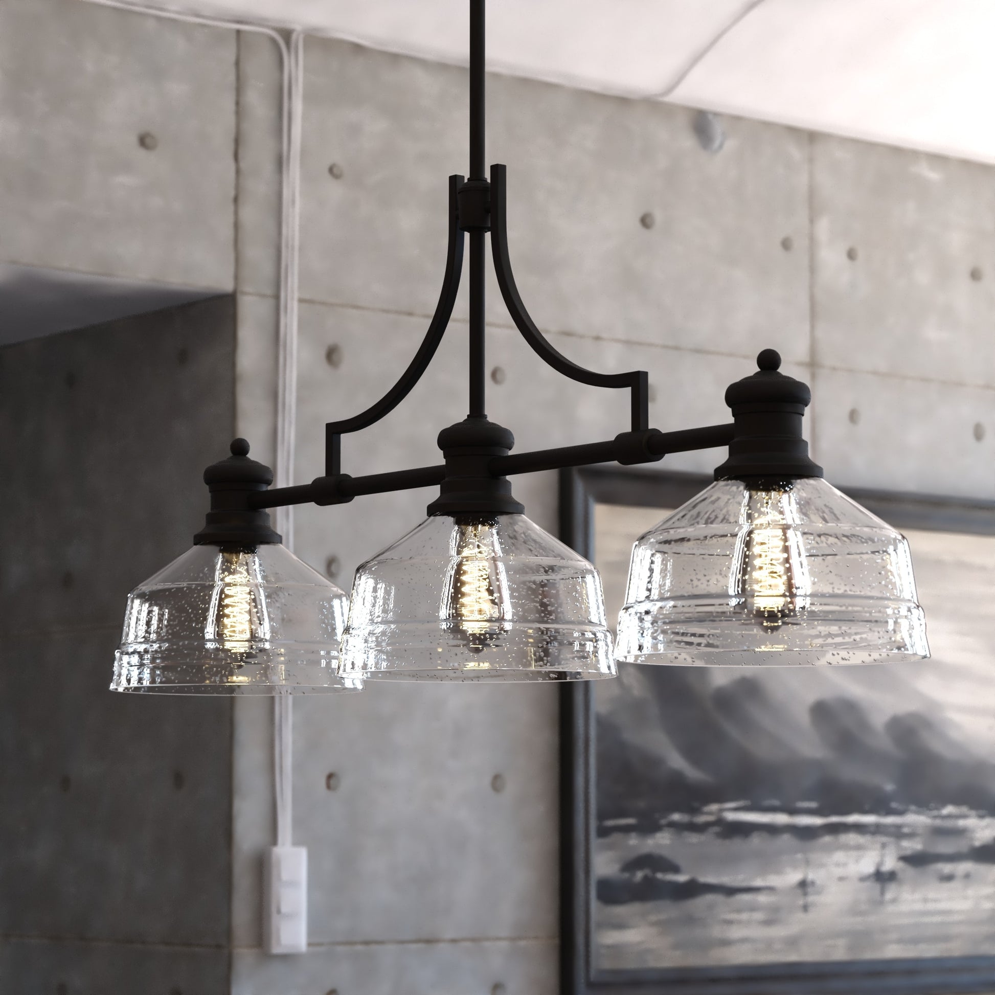 Cascadia Beloit 3 -Light Matte Black Farmhouse Seeded glass Linear Large Hanging Kitchen island light