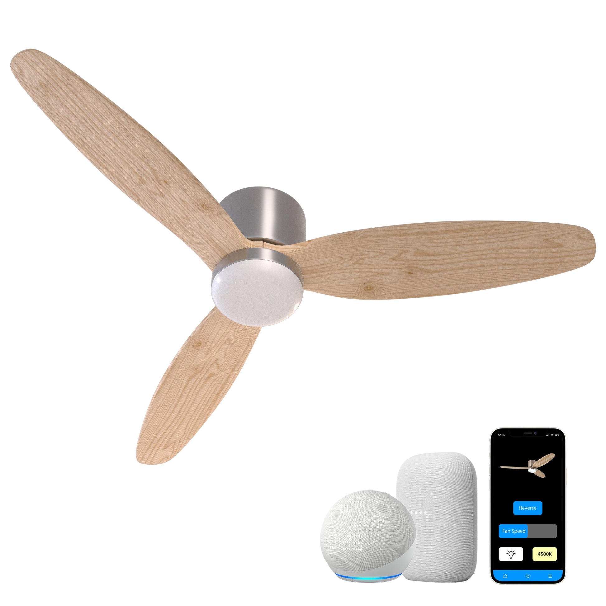 Promounts 52-in Satin Nickel with Natural Wood- Sycamore Blades Color-changing Indoor Smart Propeller Ceiling Fan with Light (3-Blade) OHCF03-NT