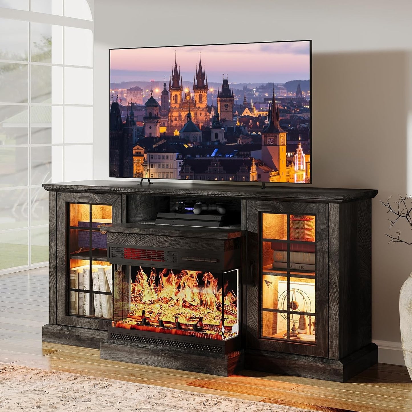 AOXUN 59-in W Gray TV Stand with LED Electric Fireplace H21022GR+H20022