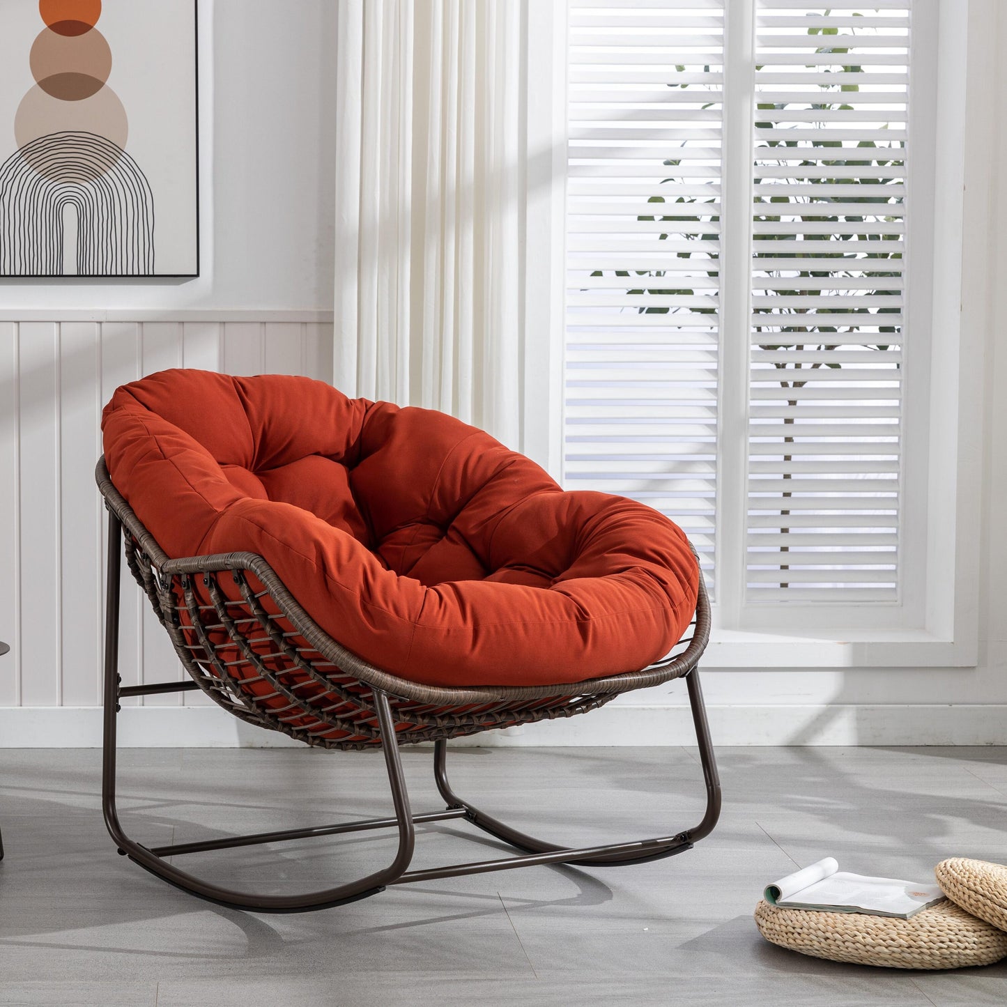 AHIOU HOME Elijah Rattan Brown Iron Frame Rocking Chair with Red Cushioned Seat