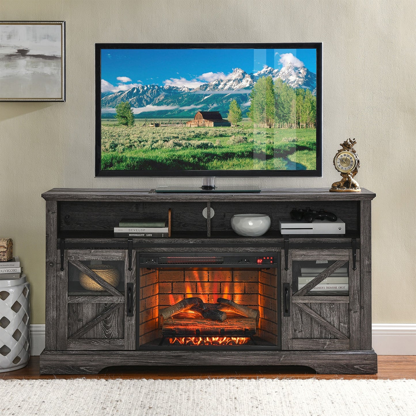 Mondawe 60-Inches W Dark Oak TV Stand with Infrared quartz Flat wall Electric Fireplace with Remote Control Included