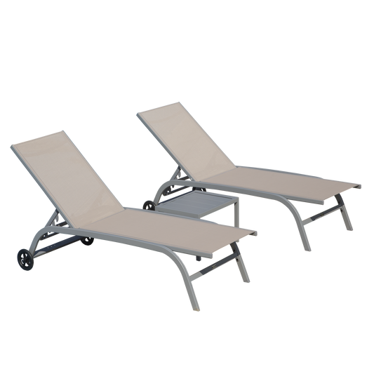Miki Shinly Outdoor Chaise Lounge Set Set of 2 Silver Aluminum Frame Stationary Chaise Lounge Chair with Brown Sling Seat