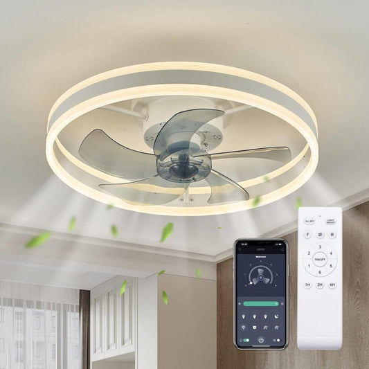 Antoine Modern Low Profile 20-in White Bladeless with Abs Blades Color-changing Integrated LED Indoor Flush Mount Smart Ceiling Fan with Light and Remote (5-Blade) LSBD-28