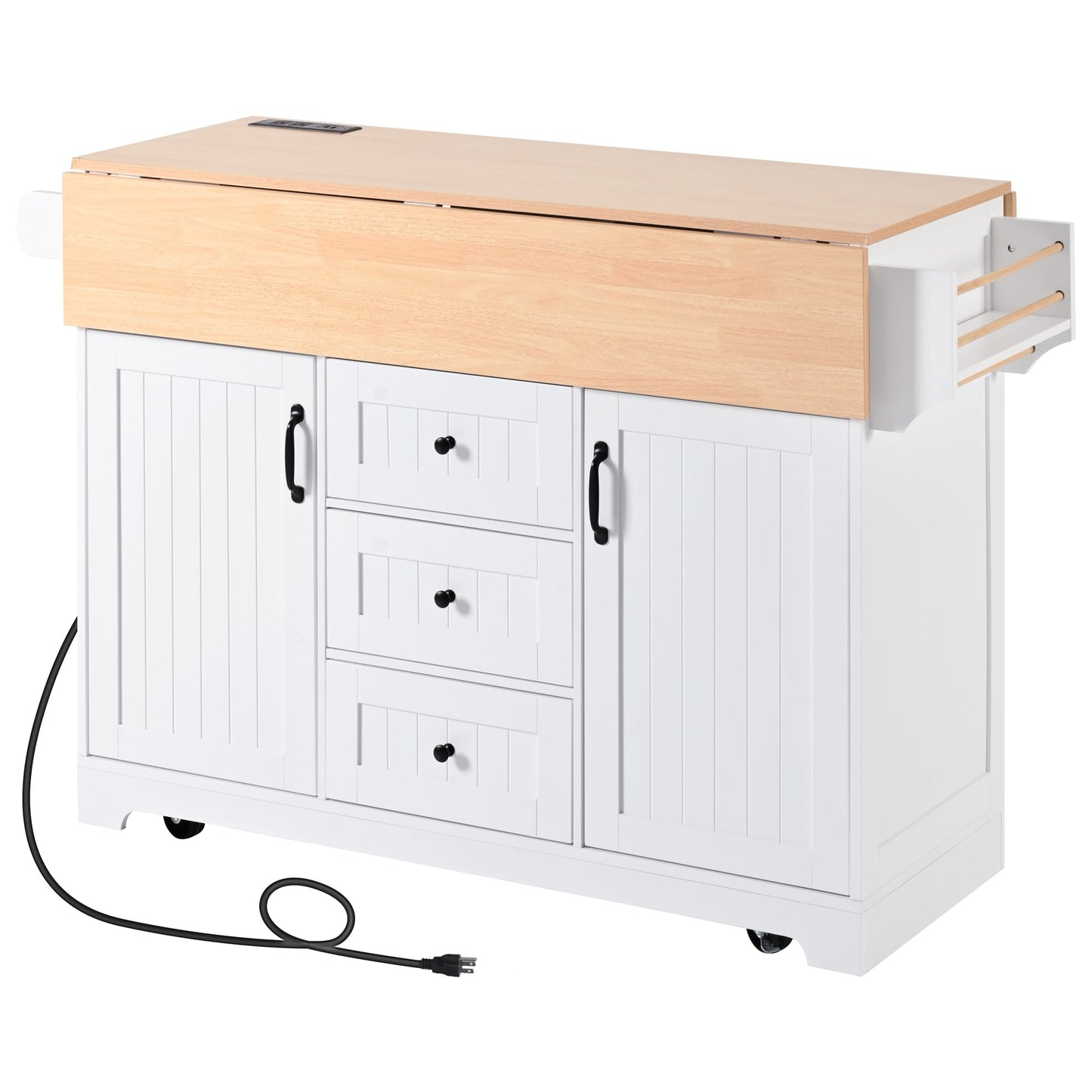 Kahomvis White MDF Base with Wood Wood Top Rolling Kitchen Island ( 33.5-in x 55.7-in x 36.5-in )