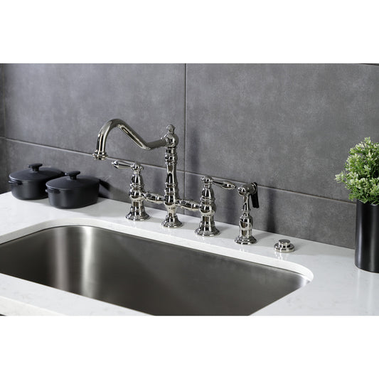 Kingston Brass Restoration Polished nickel Double Handle Deck-mount Bridge Kitchen Faucet with Sprayer ( Side Sprayer Included )