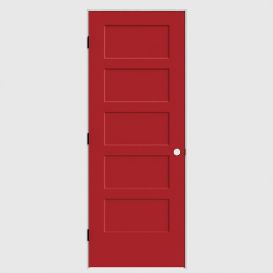 Masonite 28-in x 80-in Barn Red Solid core 5-panel square Right hand Smooth Primed Molded composite Flat Jamb Single Prehung Interior Door