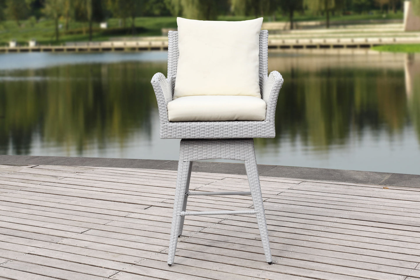 Safavieh Hayes Rattan Gray/Beige Steel Frame Swivel Counter-height Chair with Off-white Cushioned Seat