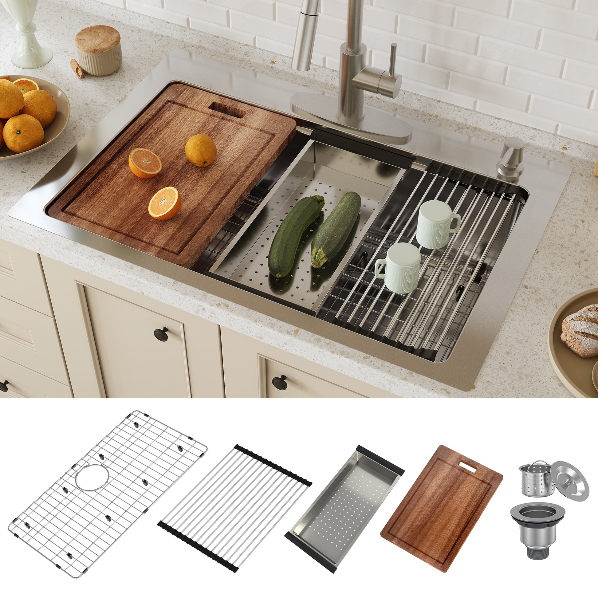 CASAINC Drop-in 33-in x 22-in Stainless steel Single bowl 18 -Gauge Workstation Kitchen Sink with Drainboard