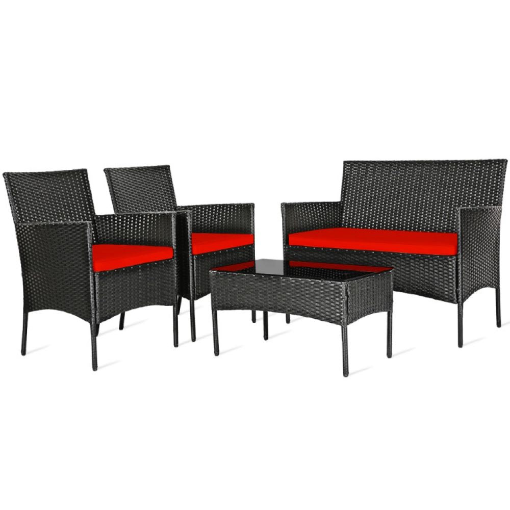 Forclover Patio Conversation Sets 4 -Piece Rattan Patio Conversation Set with Red Cushions
