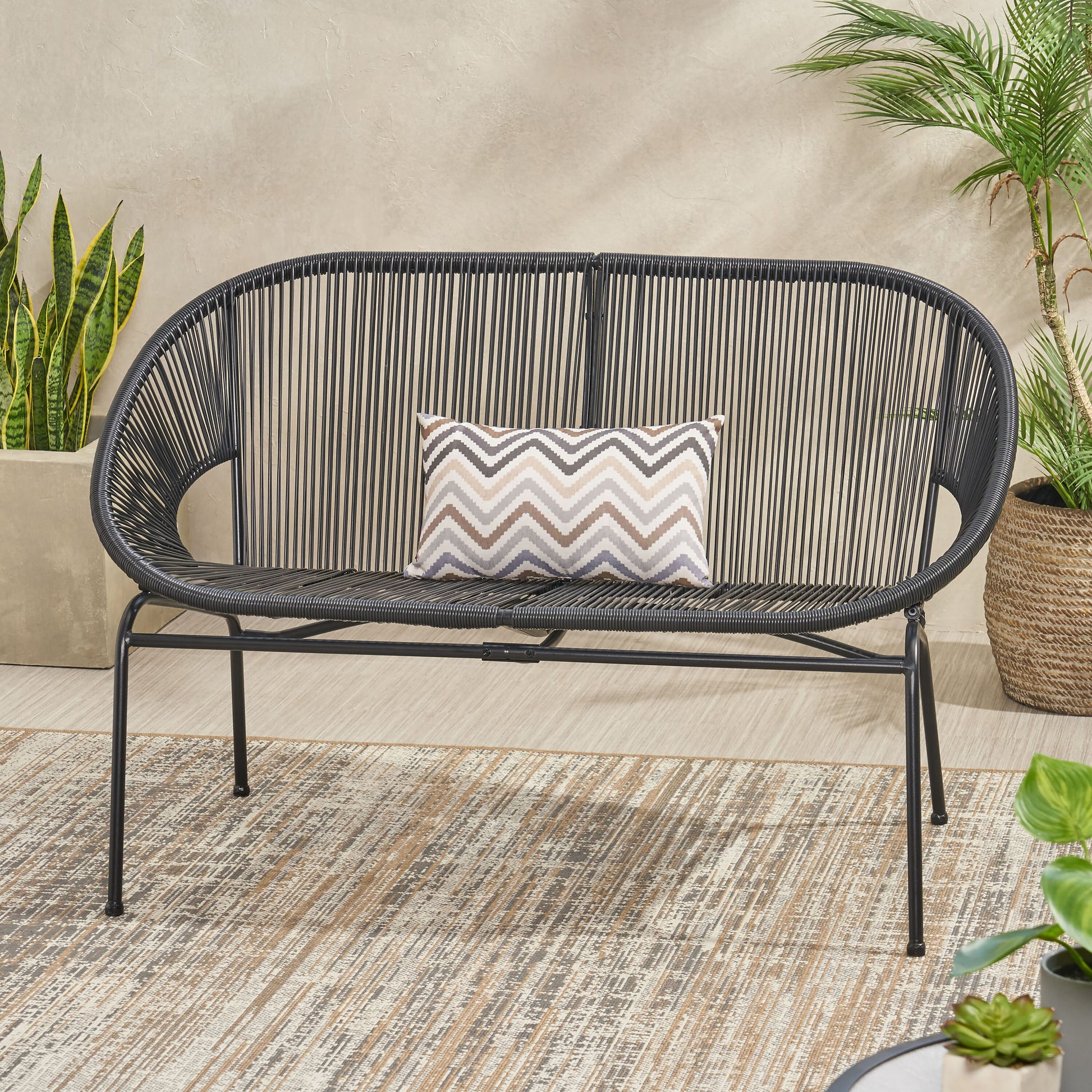 Moda Furnishings Rustic Respite Outdoor Loveseat with and Iron Frame