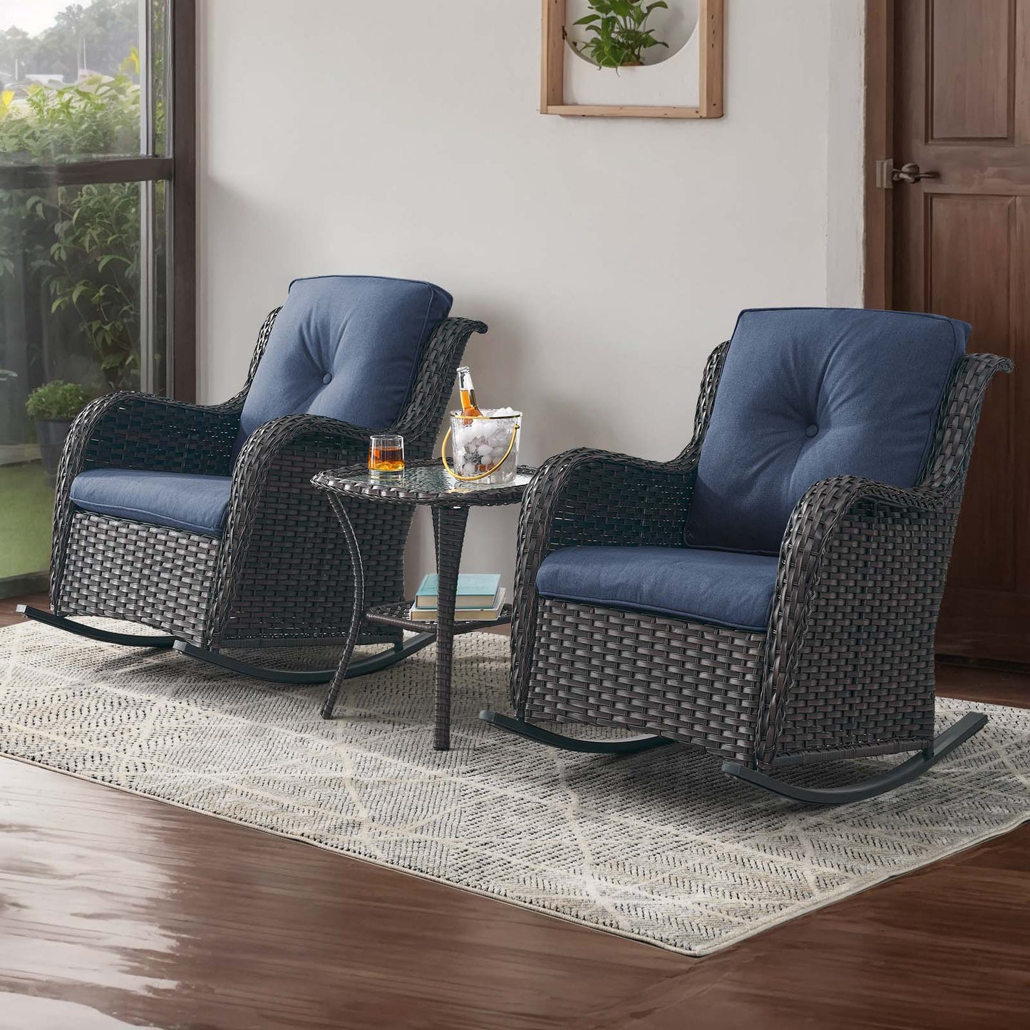 Jeehope PACHAIRS-T Set of 2 Wicker Brown Steel Frame Conversation Chair with Navy Cushioned Seat