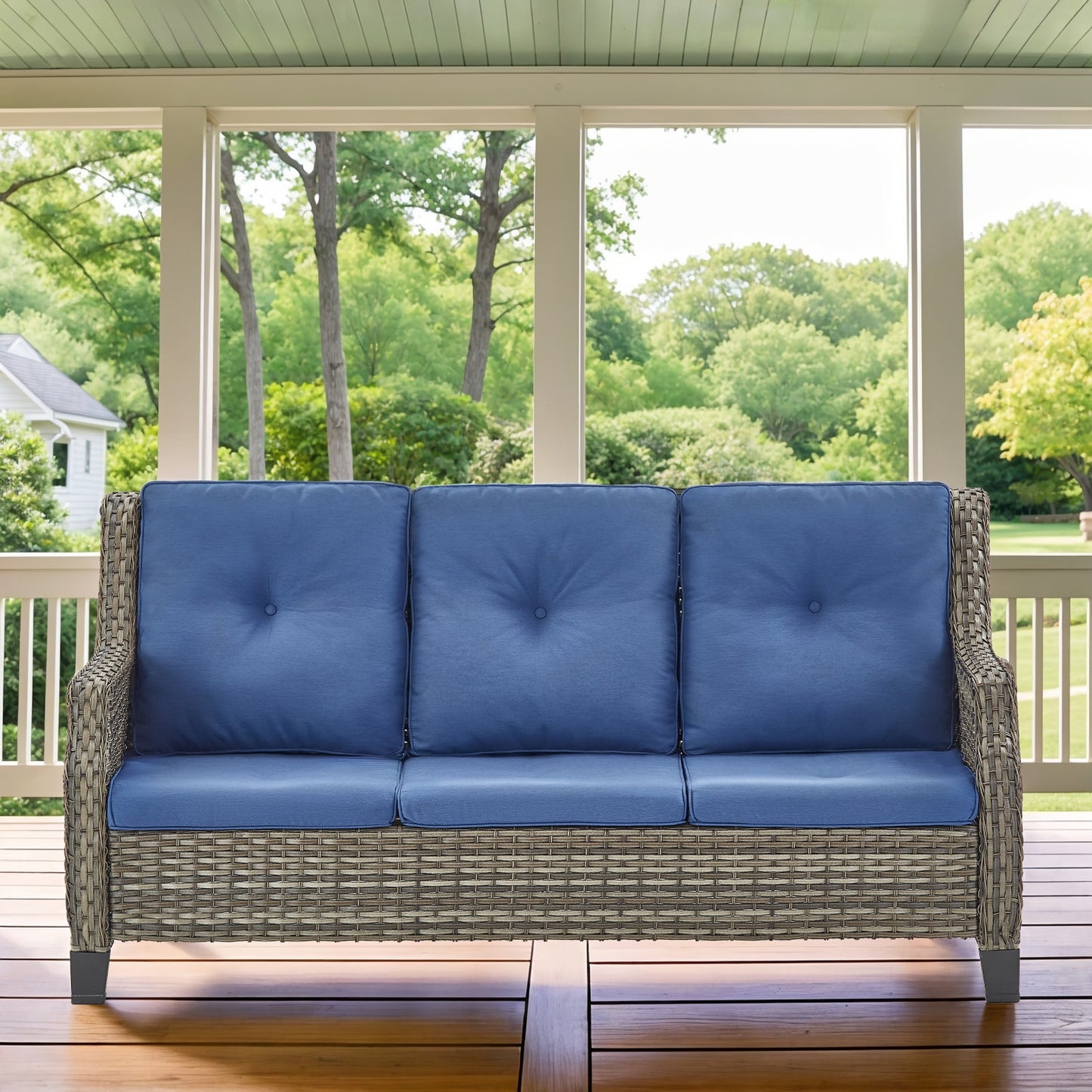 Jeehope PASOFA-T Wicker Outdoor Sofa with Navy Cushions and Steel Frame