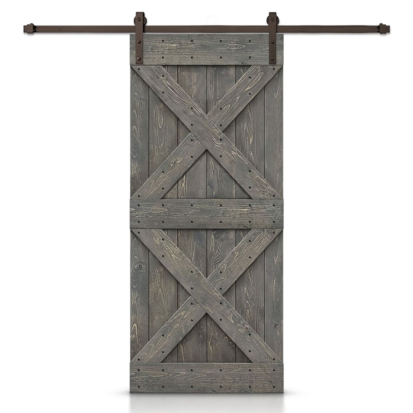 CALHOME 24-in x 84-in Weather Gray Stained Cross bar Pine Wood Hollow core Single Barn Door (Hardware Included)