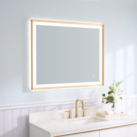 WELLFOR LUKY LED Framed Mirror 40-in x 32-in Framed Rectangle Dimmable LED Lighted Fog Free Bathroom Vanity Mirror ( Brushed Gold )