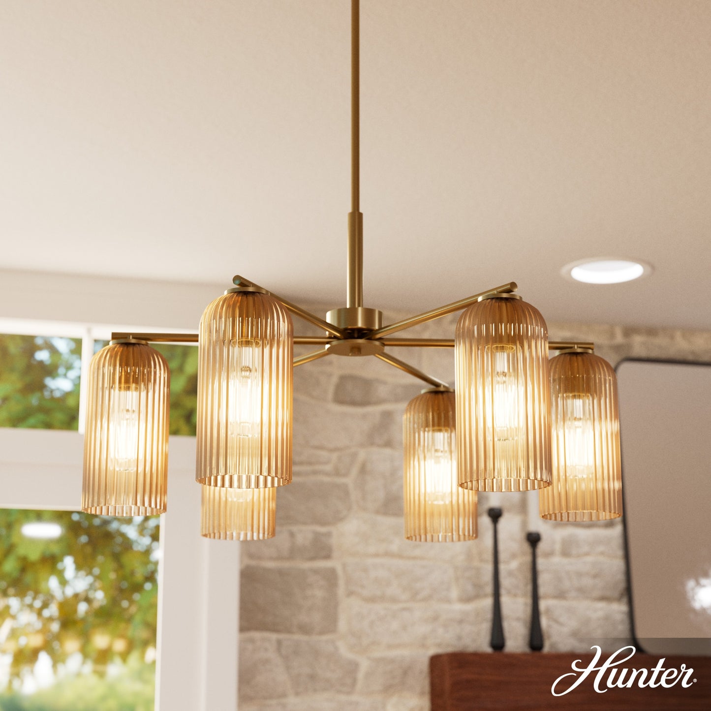 Hunter Jasmine Roth Beverly Glen 6 -Light Satin Gold Glam For Use in Dining Rooms, Foyers, Kitchens, Chandelier 6632170