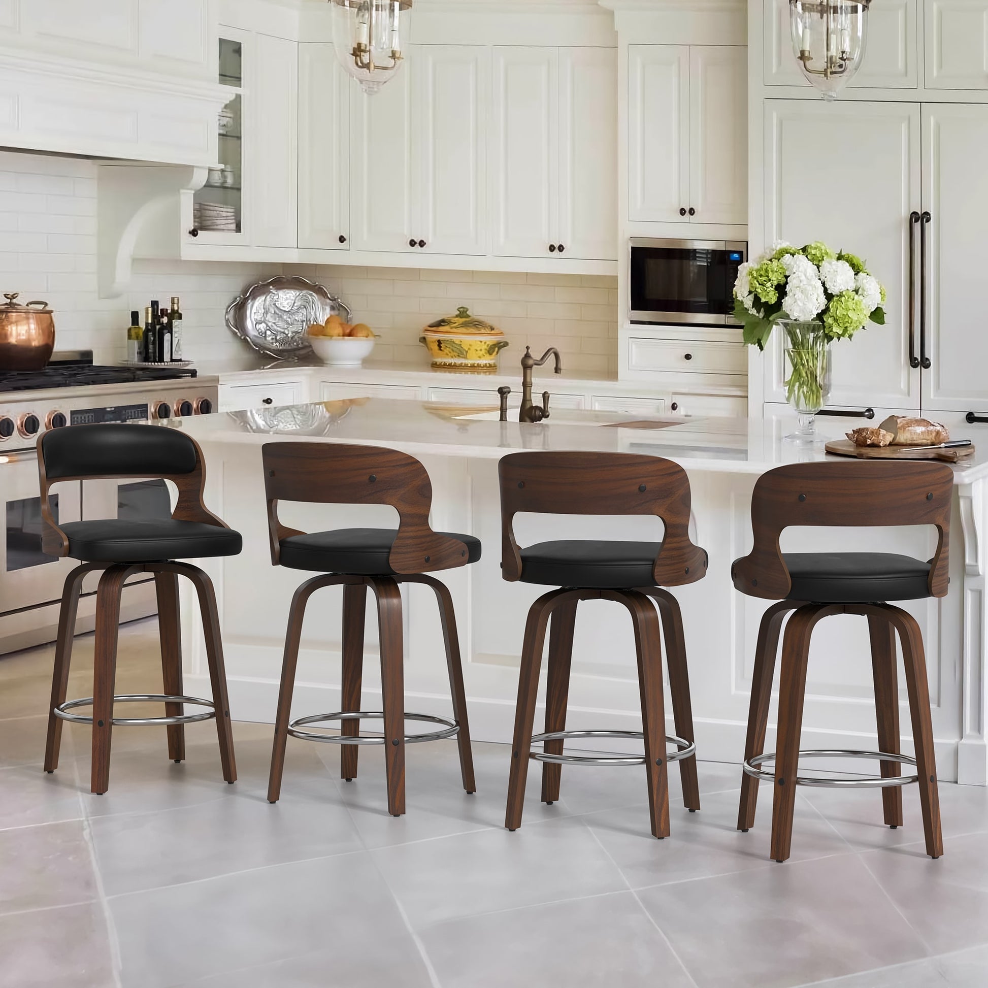 LUE BONA Black/Faux leather 26-in H Counter height Upholstered Swivel Wood Bar Stool 4 -Pack