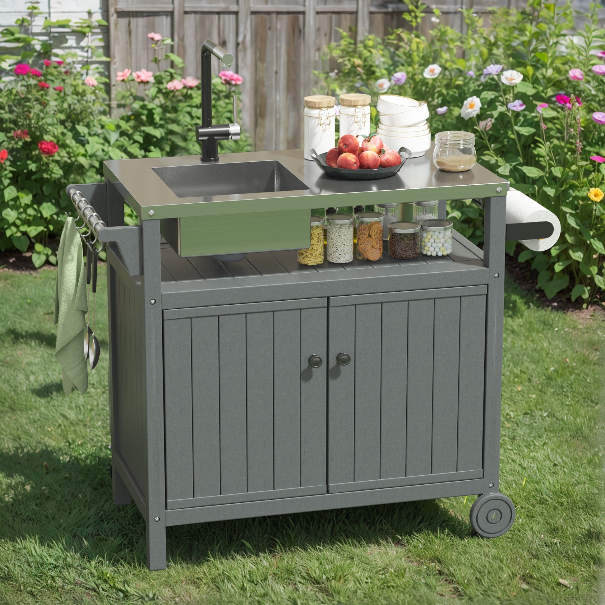 Poly furniture Outdoor Kitchen Series HEPE Grill Table with Sink Gray Plastic Grill cart