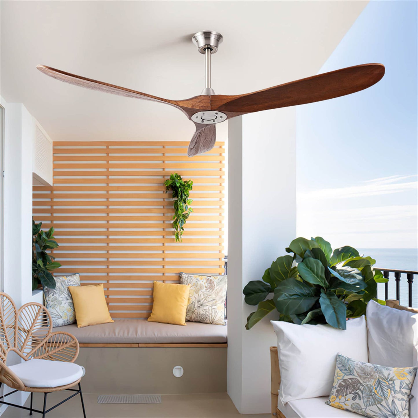 BABOOM 60-in Brushed Nickel with Solid Wood Walnut Color Blades Ceiling Fan Without Light - Remote Included ( 3 -Blade )